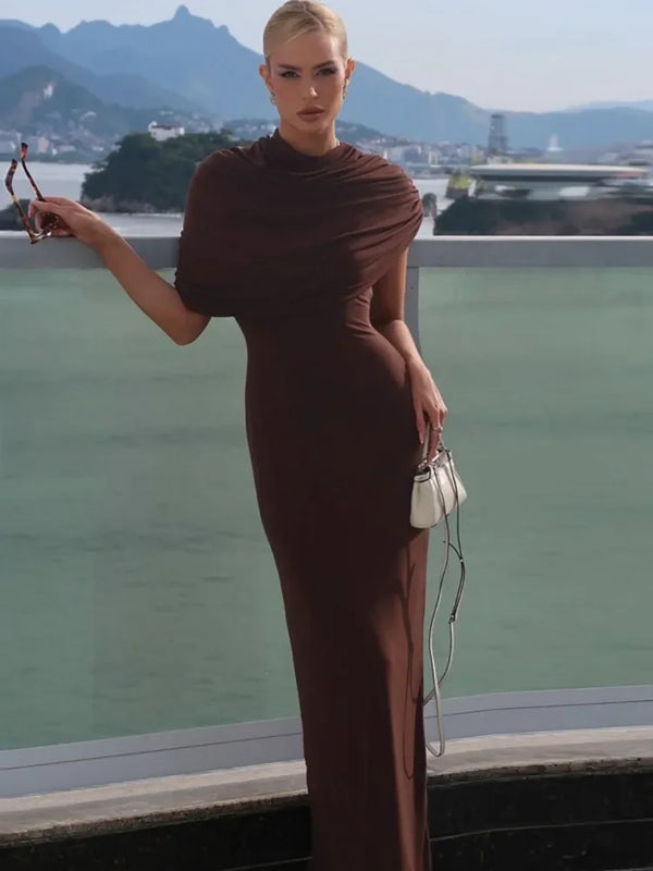 Irregular Ruched Sexy Maxi Dress For Women Elegant Autumn Inclined Shoulder Pleated Club Party Long Dresses Female Wofashion.xyz