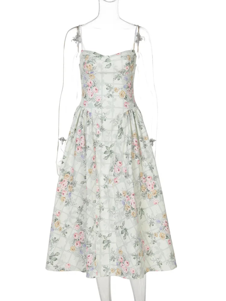 Mozision Spaghetti Strap Print Midi Dress Women Fashion Off-shoulder Sleeveless Backless A-line High Waist Pleated Long Dress