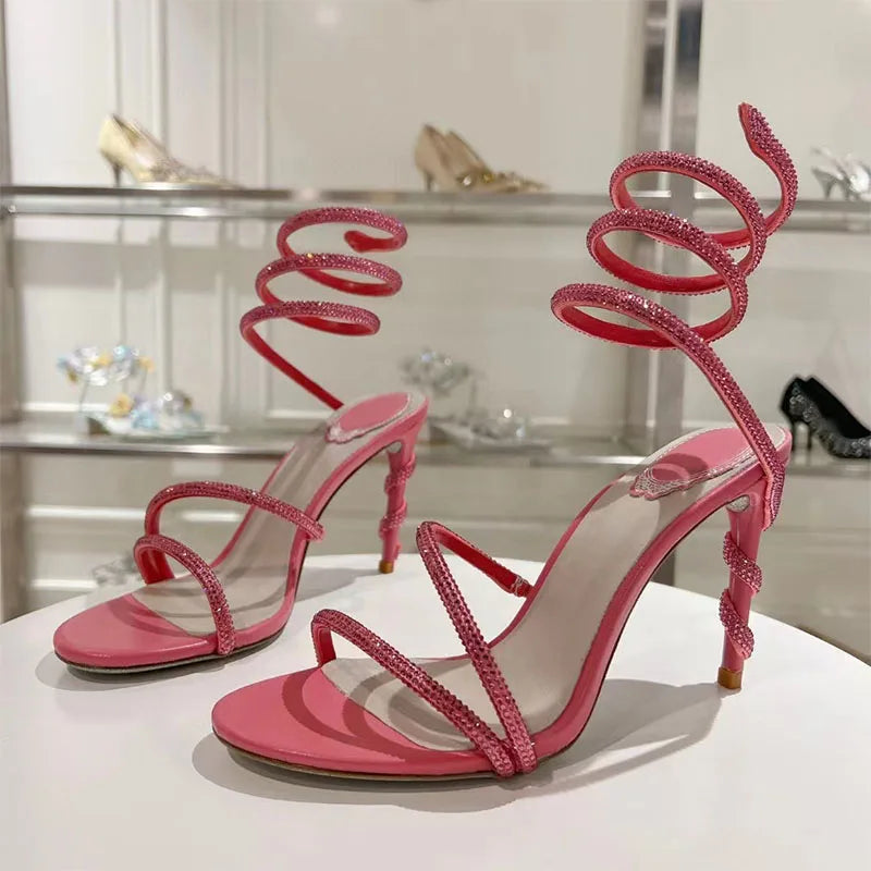 Luxury High Heels Sandals Woman Rhinestone Snake Twine Around Ankle Strap Wedding Shoes Stiletto Summer Gladiator Sandals Women