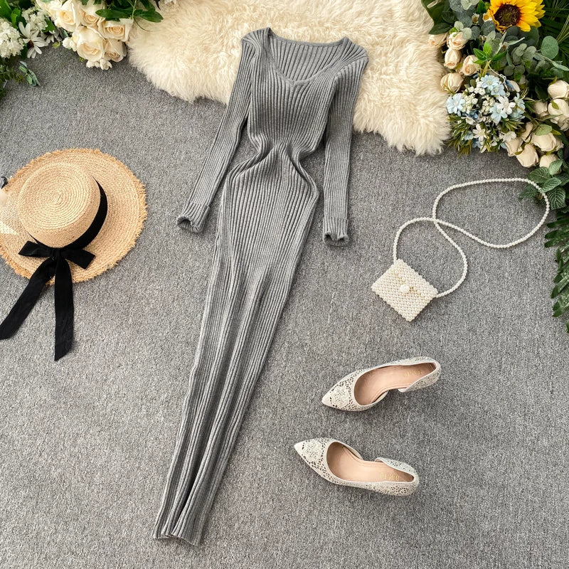 Women's Knitted Midi Dr Pure Color Long Sve Slim Fit High Waist V-Ne Korean Sle Faionable Autumn Winter Dr