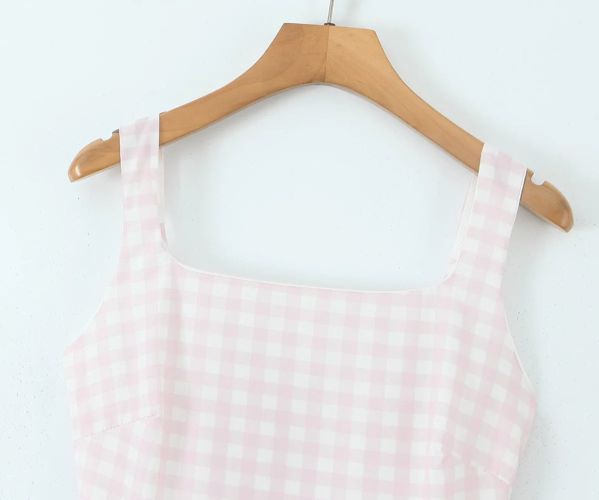 YENKYE Lace Up Bandage Plaid Sling Dress Women Elegant Square Neck Low Waist A-line Midi Summer Dresses Holiday Party Robe 2025