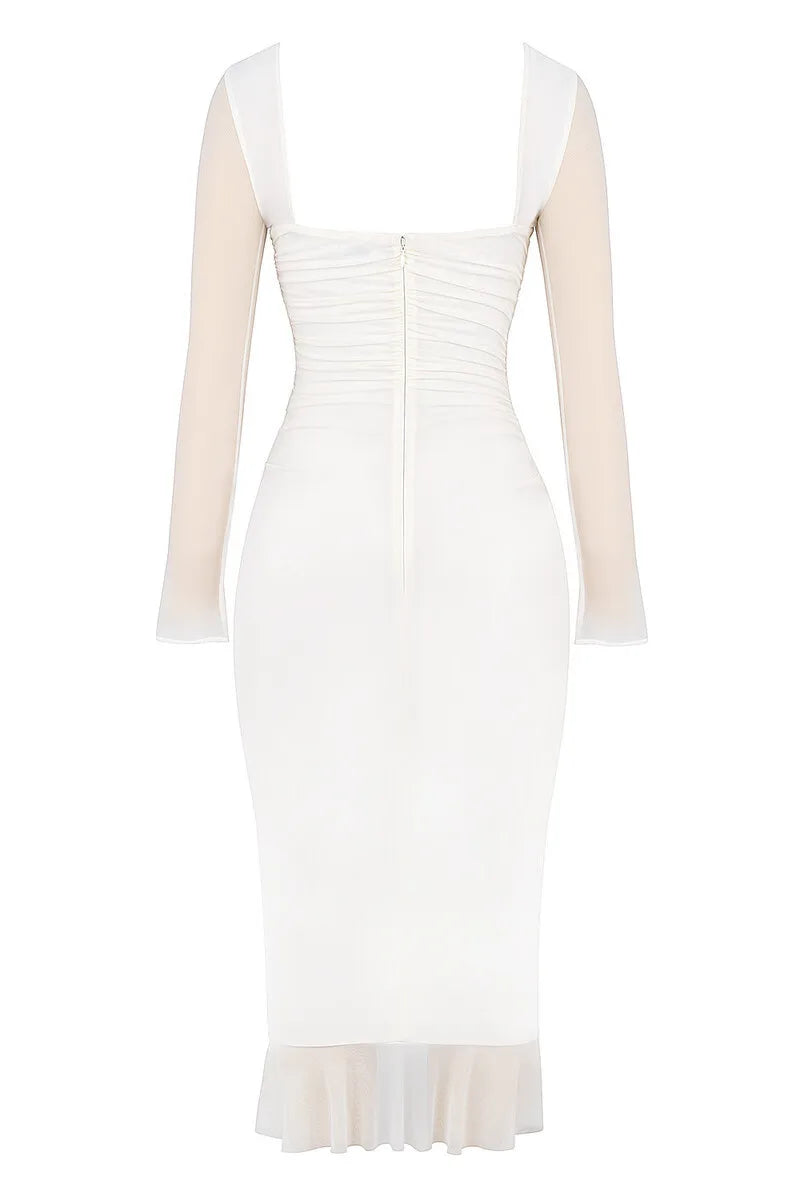 Mozision Elegant Ruffle Midi Dress For Women Summer New Mesh Backless Sleeveless Ruched Club Party Sexy Dress Vestido 2024