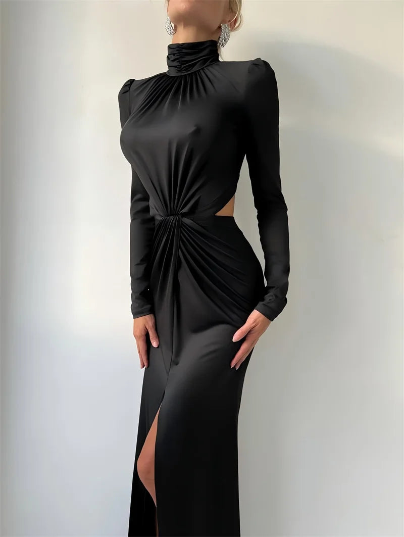 Mozision Turtleneck Backless Sexy Maxi Dress Women Gown Autumn Winter Elegant Long Sleeve Thigh High Split Club Party Long Dress