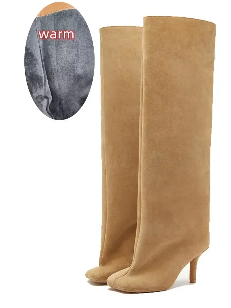 2024 European and American Fashion Stiletto Heels Wide Leg Knee Sleeve Boots Women's Square Head Suede Warm Boots