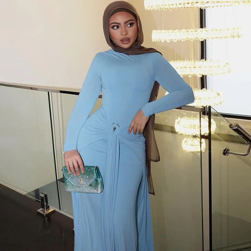 Mozision Elegant Long Sleeve Ruched Sexy Maxi Dress Women Gown Autumn Fashion Draped Bodycon Long Dresses Female Clothing