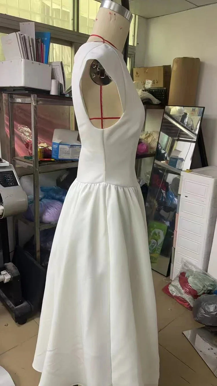 Suninheart Women Circle Cut Out Back Dress Wide Shoulders and Fitted Waist Prom Dress Fluffy Hem Midi Wedding Party Dresses