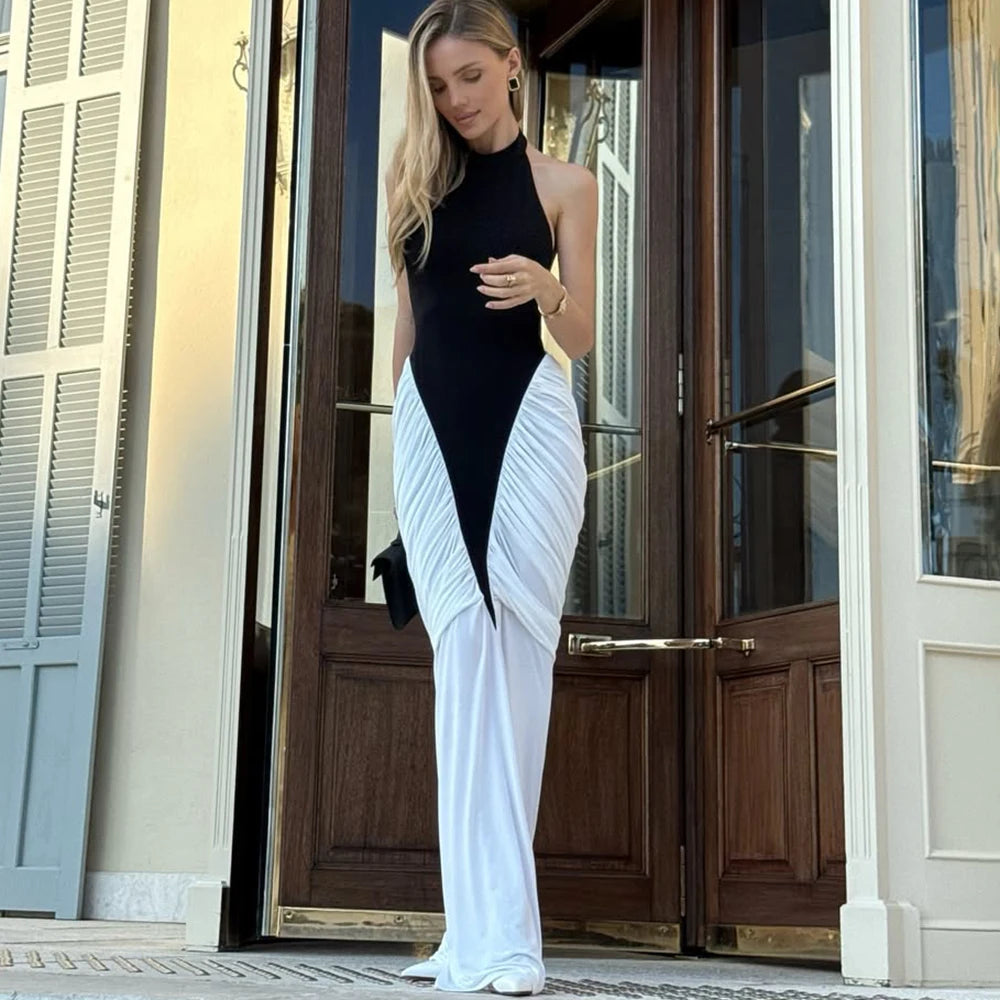 Talenza Elegant Evening Dress Women Fashion Slim Sleeveless Shrinking Clash Long Dress Vintage High Waisted Luxury Summer Dress