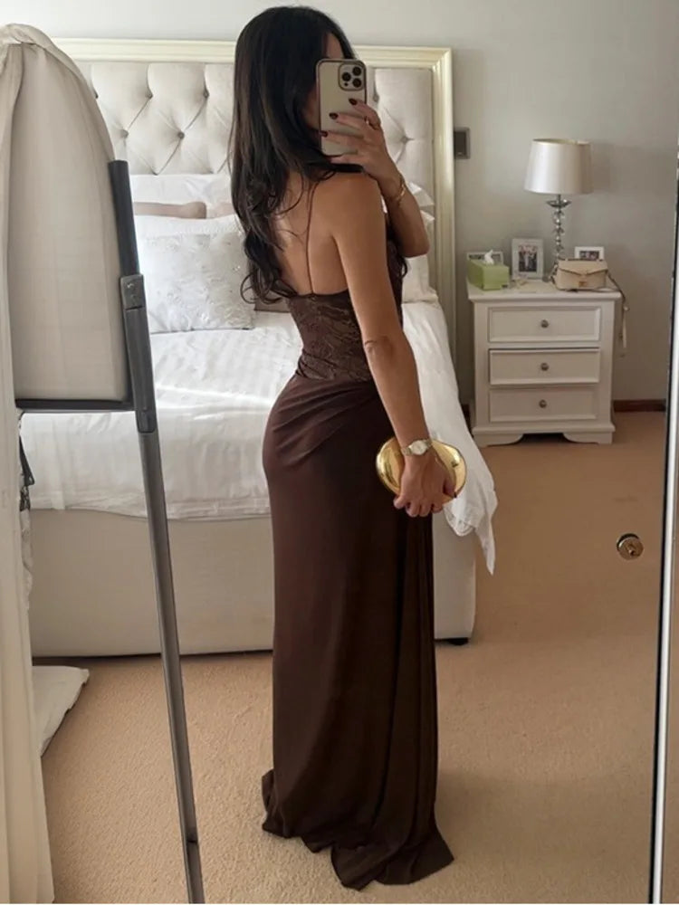 Women One Shoulder Lace See Through Sexy Maxi Dress Gown Fashion Off-shoulder Sleeveless Backless Club Long Dresses