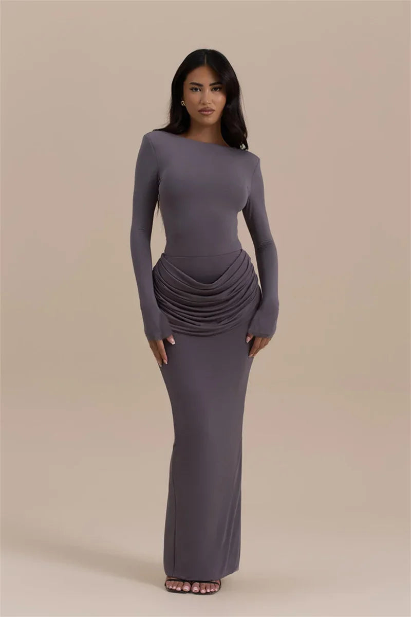 Long Sleeve Ruched Sexy Maxi Dress For Women Gown Autumn Winter New O Neck High Waist Bodycon Club Party Long Dresses