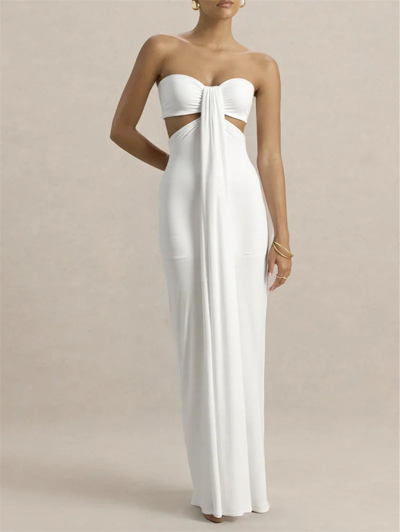 Mozision Off-shoulder Strapless Sexy Maxi Dress Women Elegant White Sleeveless Backless Draped Bodycon Club Party Long Dresses