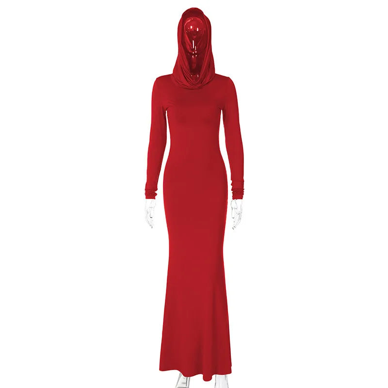 DSMTRC High Street Red Christma Hooded Long Sleeve Maxi Dress for Woman Slim Solid Bodycon Party Vestidos Elegant Autumn Dresses