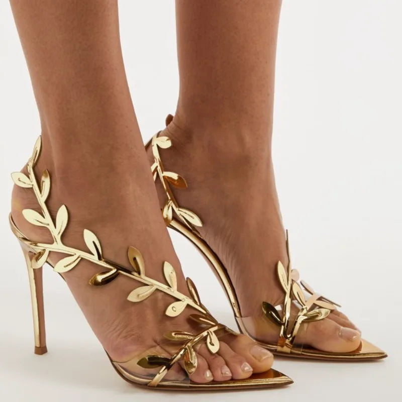 2025 Women's Summer New Style Lacquer Leather Leaf Fairy Style Strap Stiletto High Heels Pointed Open Toe Fashion Sandals