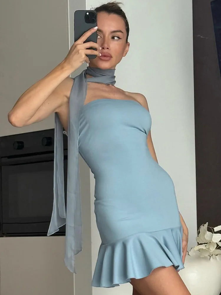 Mozision Halter Off-shoulder Strapless Sexy Mini Dress Women Fashion Scarf Collar Backless Sleeveless Ruffle Club Party Dresses