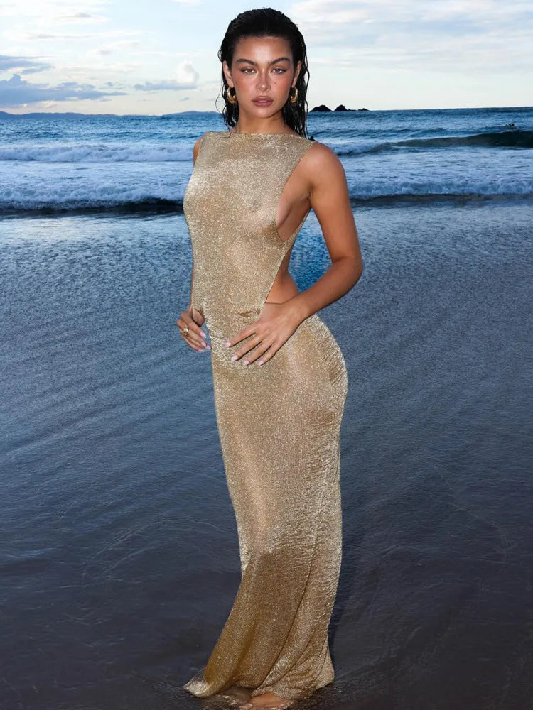 Mozision See Through Backless Sexy Maxi Dress For Women Summer New Sheer Sleeveless Back Split Sexy Long Dress Beachwear