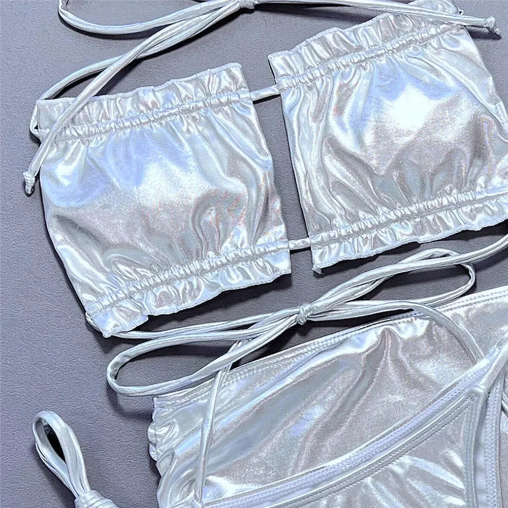 Sexy Silver Swimsuit Cover Ups Women Ruffled Bandeau 3 Piece Bikini Set Swimwear Micro Thong Mini Skirt Beachwear String Bikinis