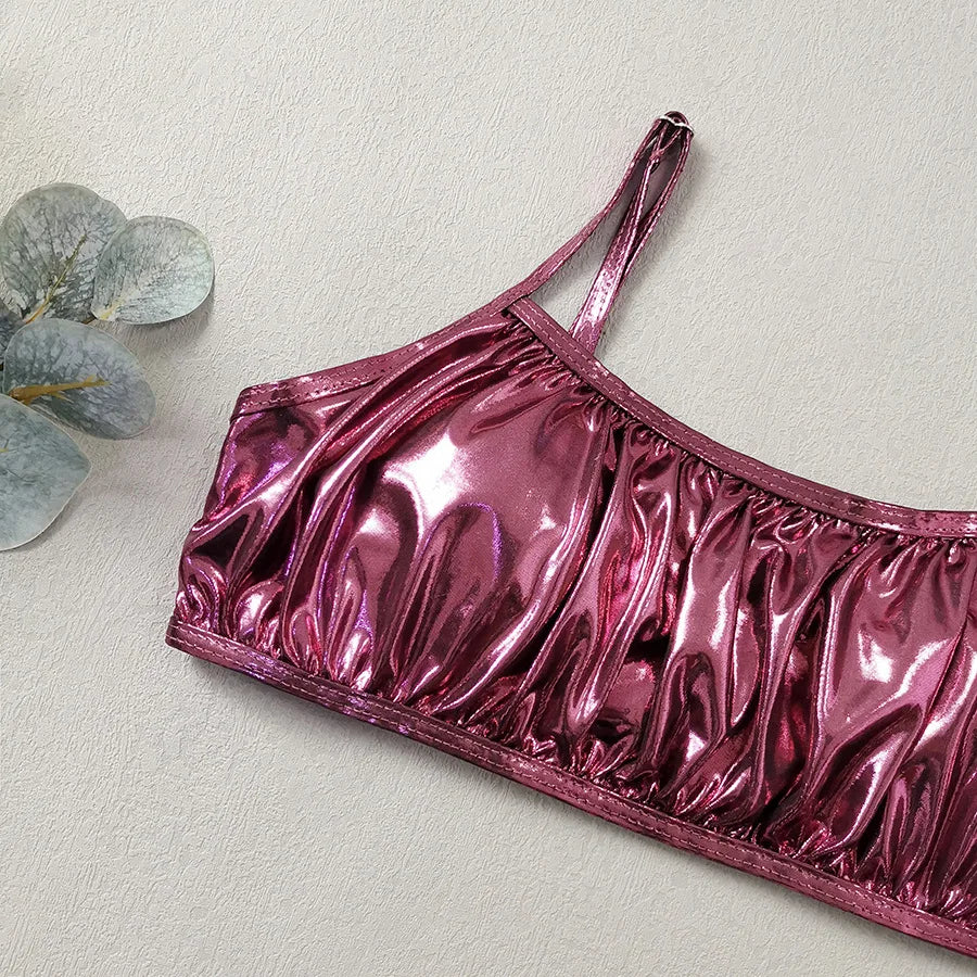 Shiny Pink Micro Thong 3 Piece Bikini Set Damen Women 2025 Sexy Swimsuit with Skirt Cover Up Bandeau Swimwear Beachwear Bikinis