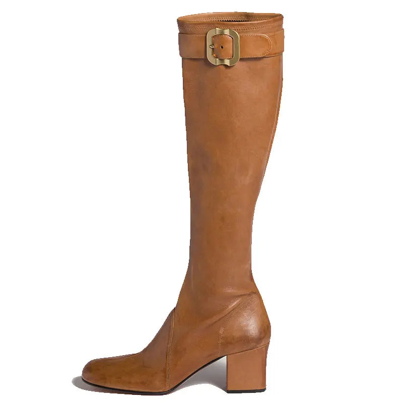 European and American Sexy Hot Girl Belt Buckle Thick High Heels Round Toe Back Zipper Knee Highboots Women's Retro Elasticshoes