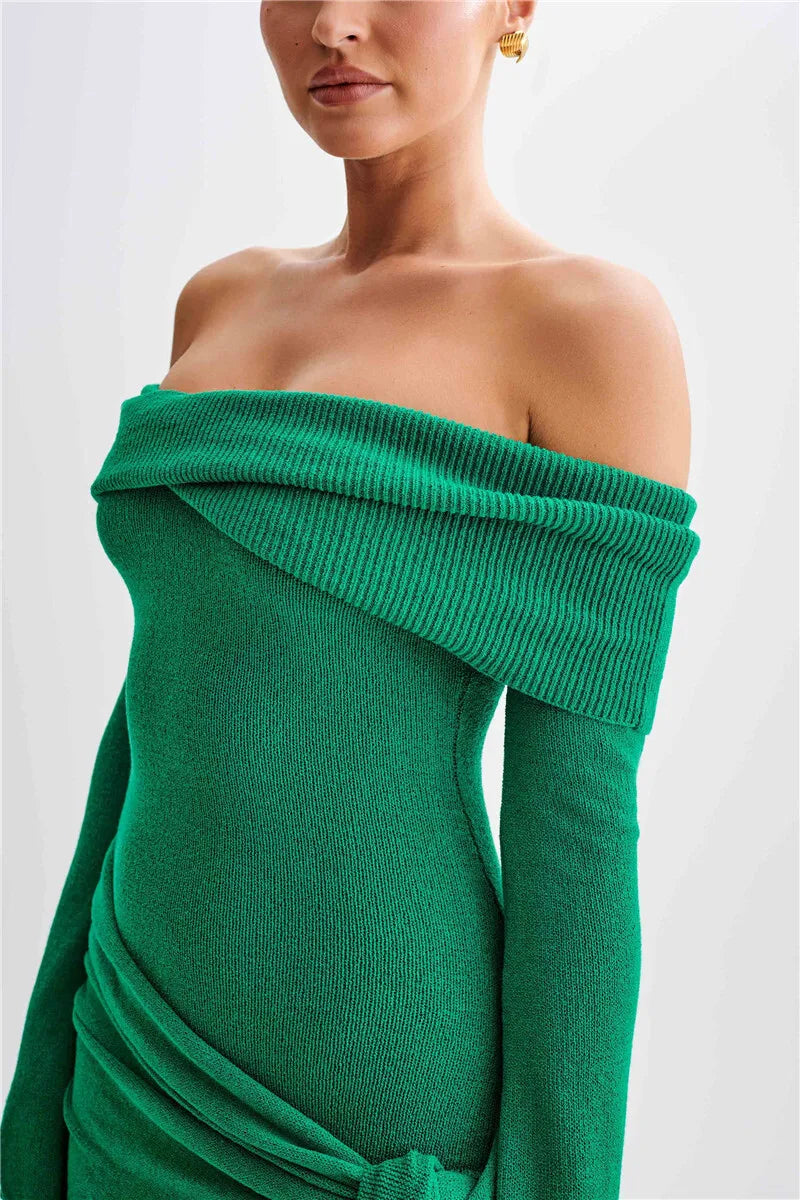 Mozision Off-shoulder Knit Mini Dress For Women Autumn Winter New Strapless Backless Long Sleeve Ruched Draped Knitted Dress