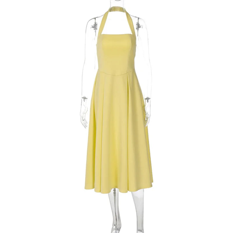 Mozision Halter Backless Sexy Midi Dress Women Fashion Solid Sleeveless High Waist A-line Club Party Pleated Long Dresses Female