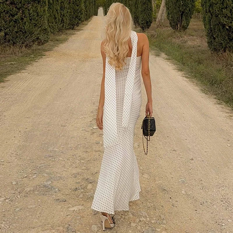 Mozision Polka Dot Strapless Sexy Maxi Dress Women Gown Elegant Scarf Collar Off-shoulder Backless Sleeveless Club Party Dress