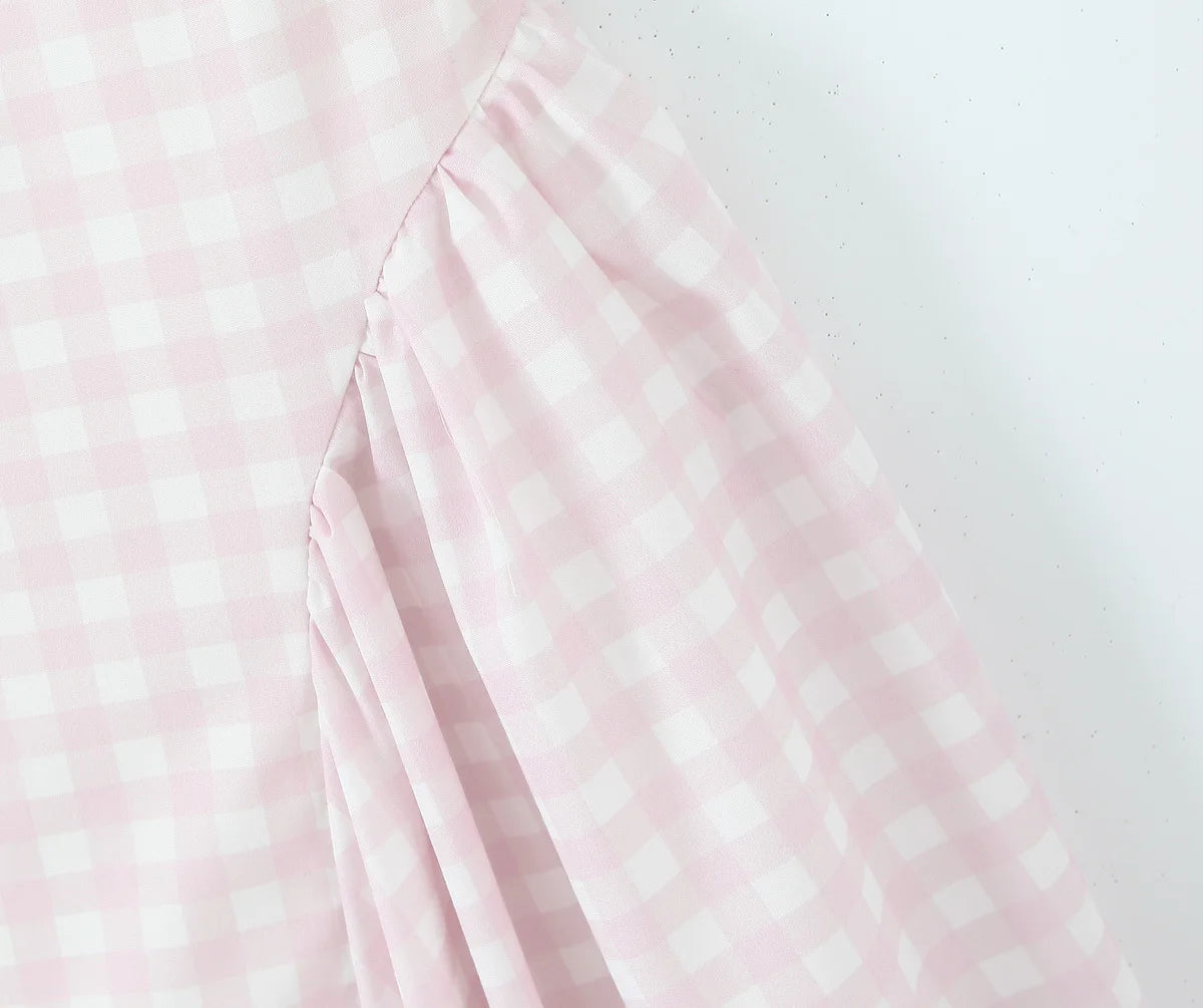 YENKYE Lace Up Bandage Plaid Sling Dress Women Elegant Square Neck Low Waist A-line Midi Summer Dresses Holiday Party Robe 2025