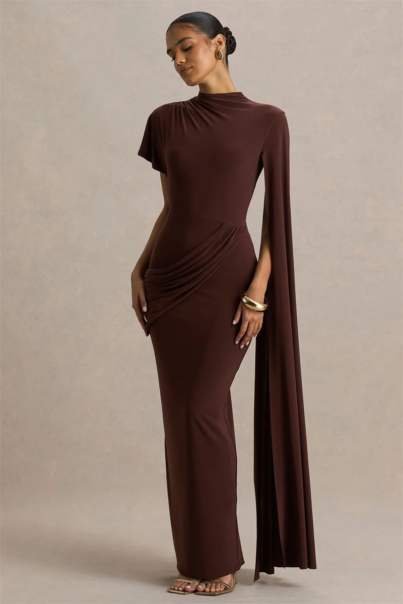 Mozision One Long Cape Sleeve Sexy Maxi Dress Women Gown Elegant O Neck Half High Collar High Waist Ruched Club Party Long Dress