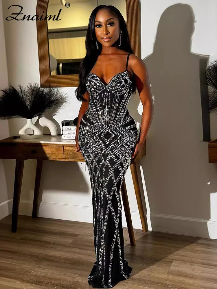 Znaiml Luxury Women Celebrity Spaghetti Strap Sleeveless Prom Formal Mermaid Maxi Dress Sexy Sparkly Rhinestone Birthday Vestido Wofashion.xyz