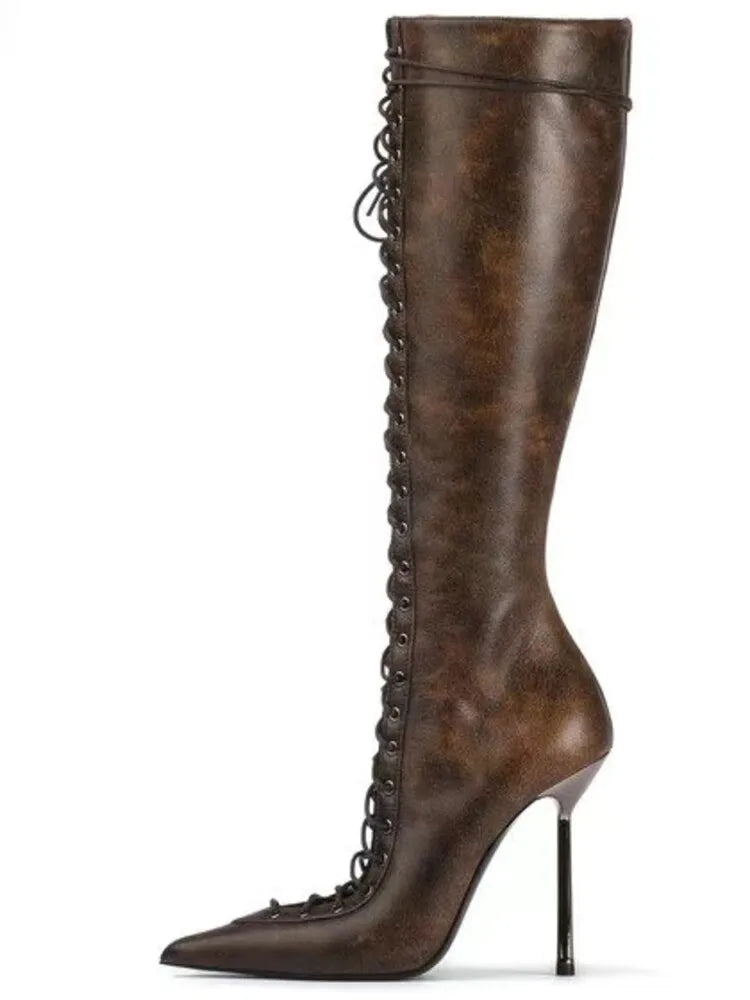 2024 New High Quality Lace up Cool Boots European and American Sexy Nightclub Slim High Heel Show Shoes Zipper Boots