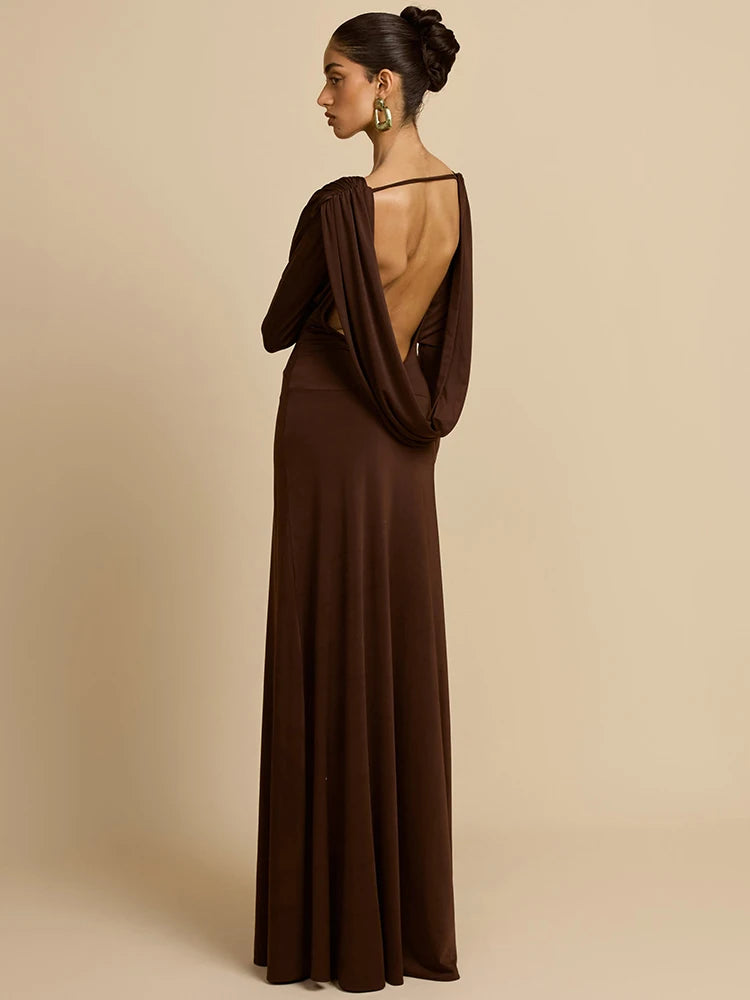 Mozision Elegant Deep V Neck  Backless Sexy Maxi Dress For Women Brown Long Sleeve High Waist Ruched Club Party Long Dresses