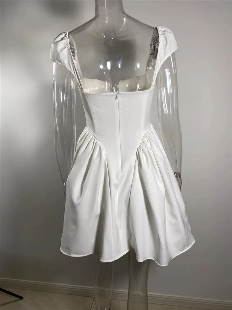 Mozision White Backless Sexy Mini Dress For Women Fashion Square Collar Short Sleeve High Waist A-line Club Party Sexy Dress