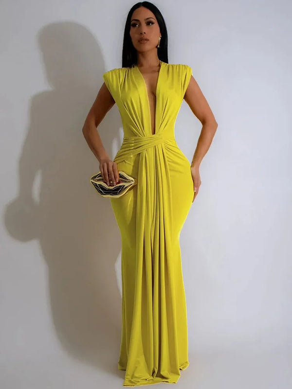 Elegant Ruched Bodycon Maxi Dresses for Women Birthday Night Party Evening Prom Deep V-neck Sheath Celebrity Formal Long Dress Wofashion.xyz