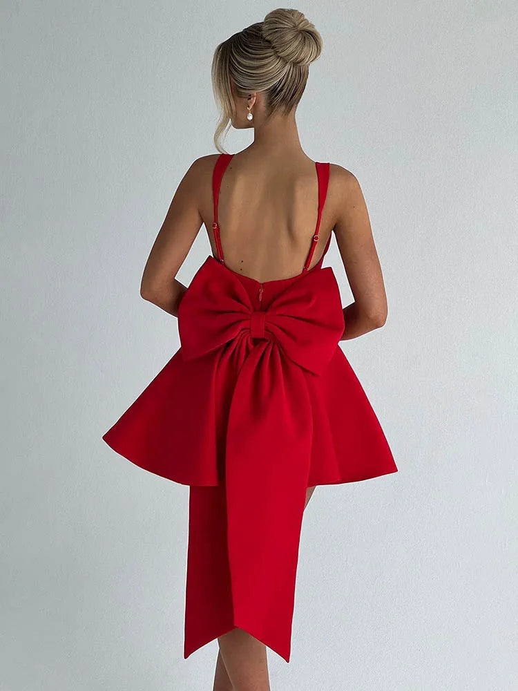 Mozision Backless Bow Sexy Mini Dress Women Fashion Elegant Spaghetti Strap Sleeveless High Waist A-line Club Party Dress New
