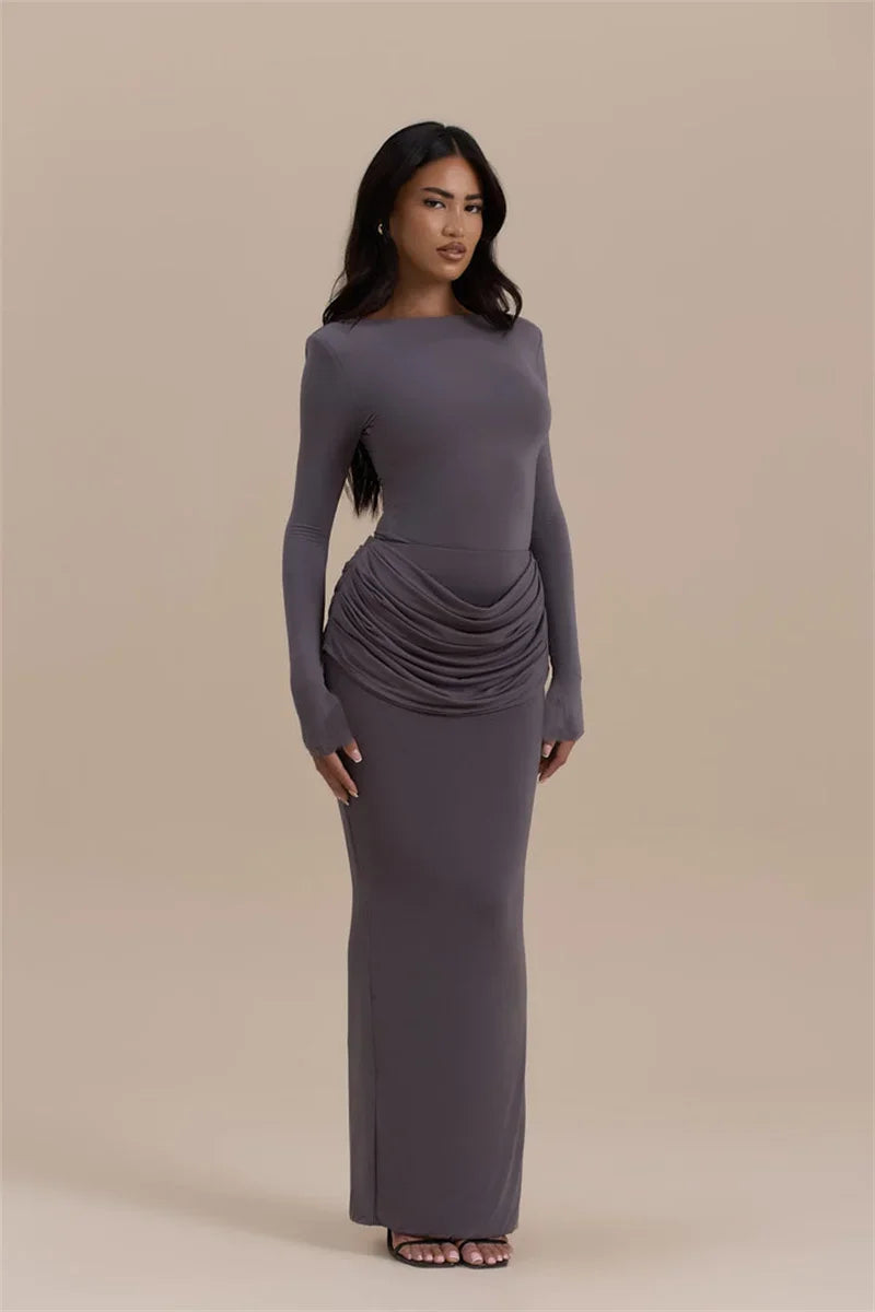 Long Sleeve Ruched Sexy Maxi Dress For Women Gown Autumn Winter New O Neck High Waist Bodycon Club Party Long Dresses