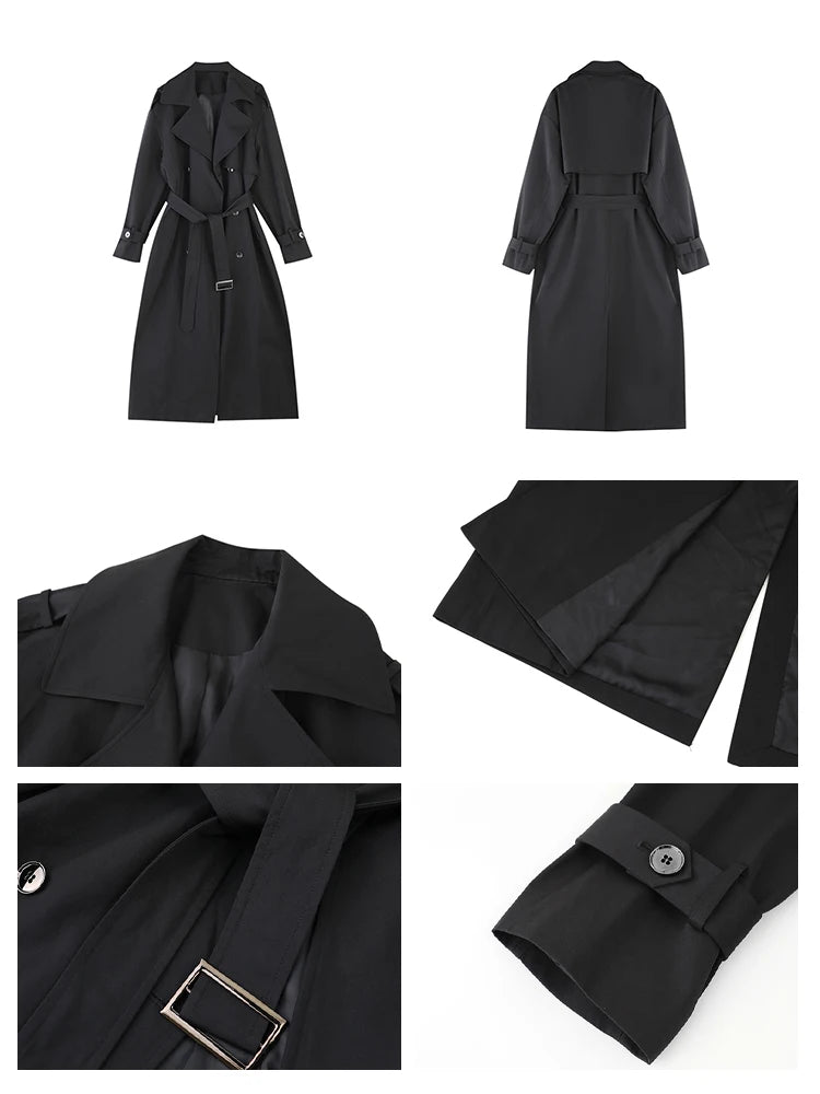 Lautaro Spring Autumn Long Black Hard Waterproof Trench Coat for Women Belt Double Breasted High Quality Luxury Overcoat 2024