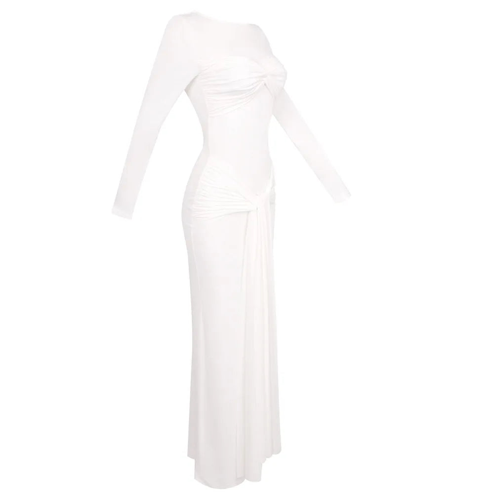 Sexy Elegant Party Dress Women White Long Sleeve Pleated Midi Dress for Evening Dinner Club