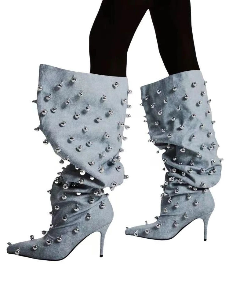 European Niche Design, High-quality Slim High Heels, Wide Knee Boots, Women's Fashionable and Sexy Studded Pleated Sleeve Boots