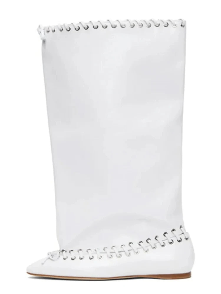 2025 Early Autumn New European and American Fashion Show Niche Fashion Slimming Wide Tube Height Increasing Pleated Pile Boots