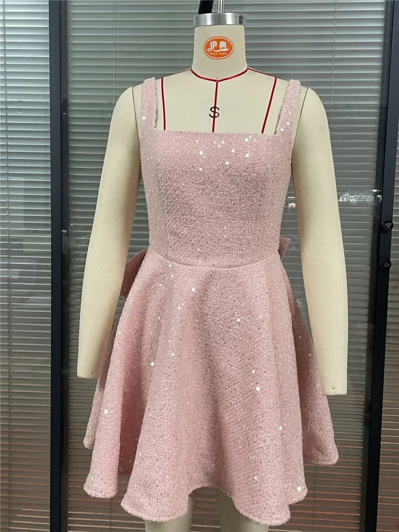 Mozision Sequins Bow Backless Sexy Mini Dress For Women Robe Fashion Square Collar Sleeveless High Waist A-line Club Dress