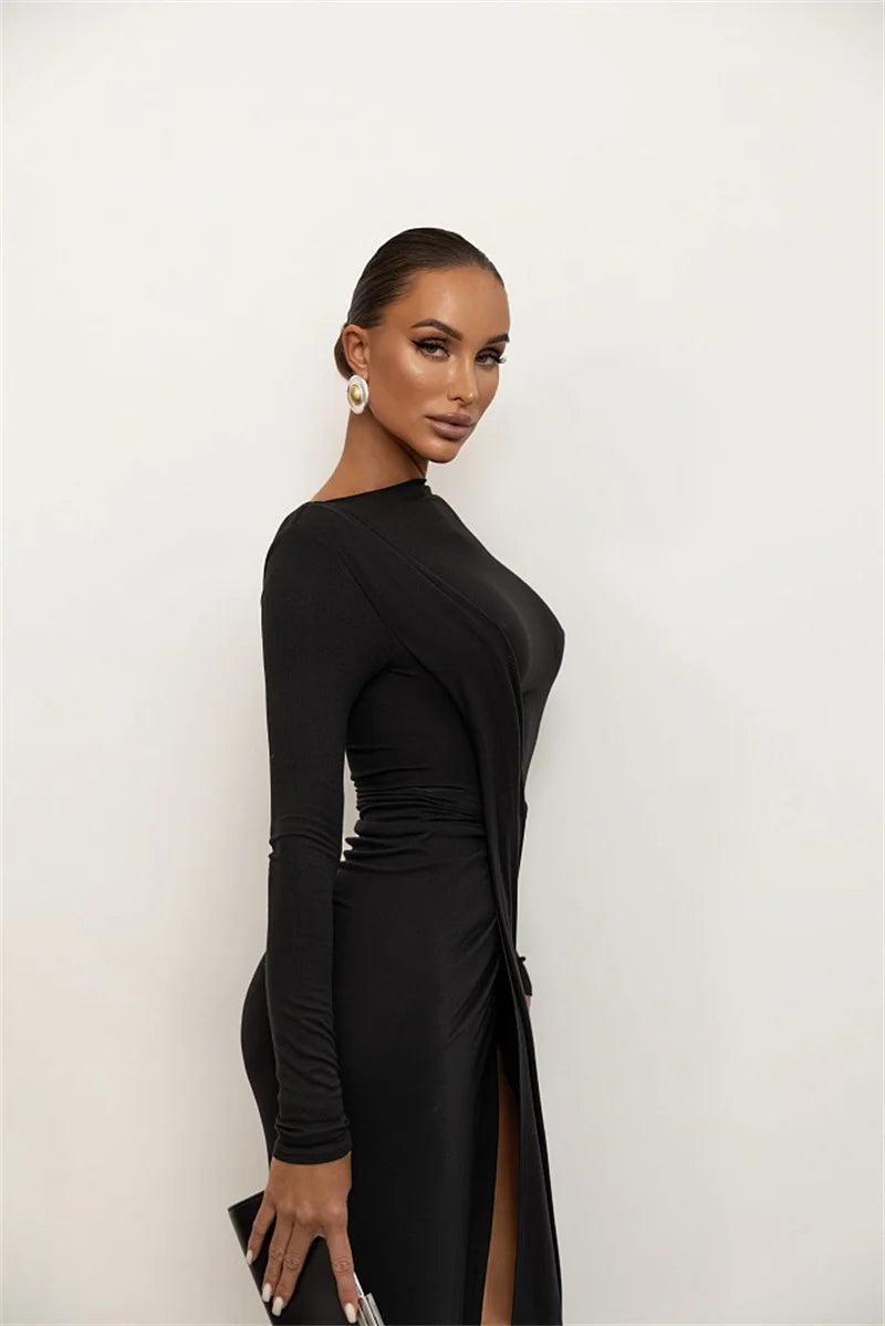 Mozision Long Sleeve Thigh High Split Sexy Maxi Dress Women Gown Elegant O Neck Draped Ruched Bodycon Club Party Long Dresses