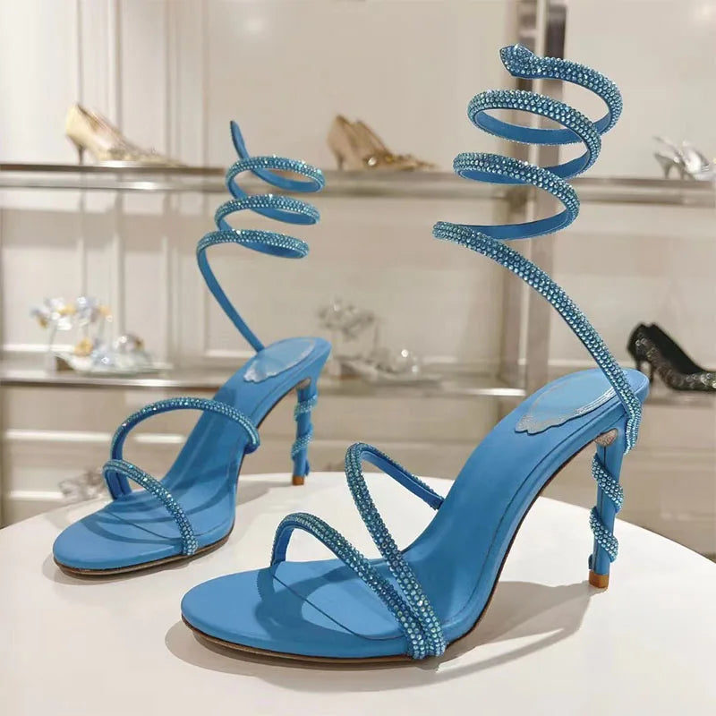 Luxury High Heels Sandals Woman Rhinestone Snake Twine Around Ankle Strap Wedding Shoes Stiletto Summer Gladiator Sandals Women