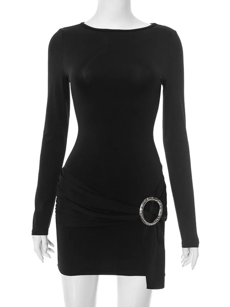 Mozision Metal Ring Long Sleeve Ruched Sexy Mini Dress Women Fashion Autumn New O Neck Draped Bodycon Club Dresses Female
