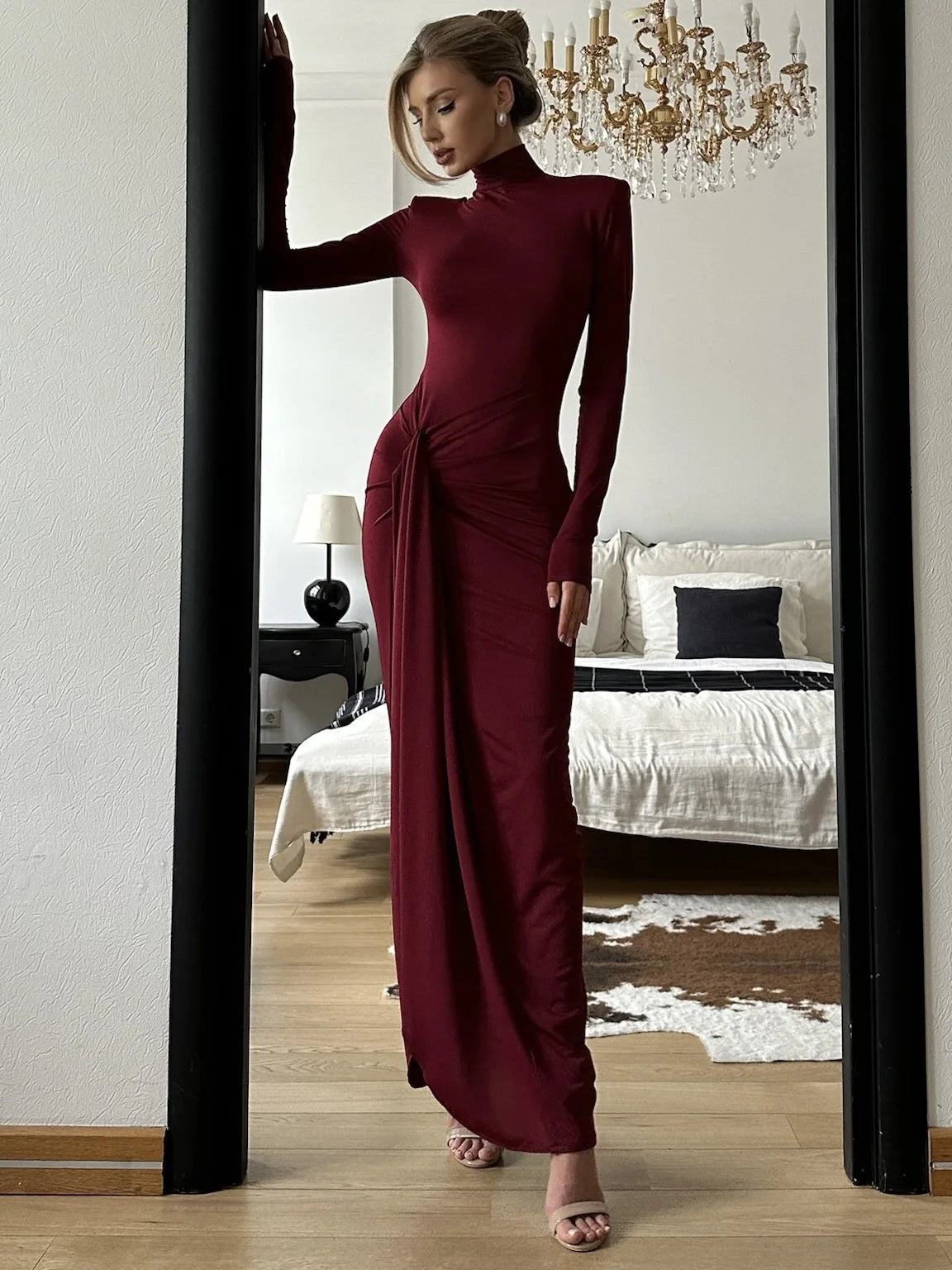 Tossy Fashion Pleated Bandage Long Dress For Women High Waist Slim Patchwork Long Sleeve Elegant Commute Women's Maxi Dress 2025