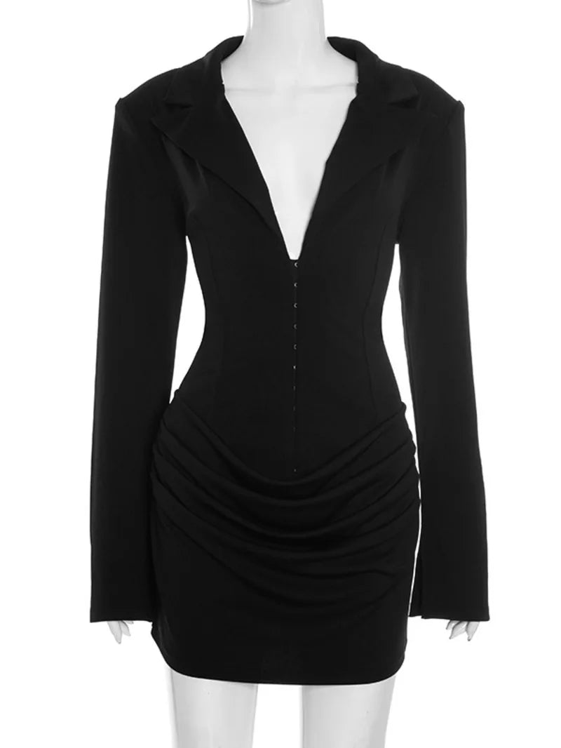 Mozision Long Sleeve Deep V Neck Ruched Sexy Mini Dress Women Autumn Winter Fashion High Waist Club Party Blazer Dresses Female