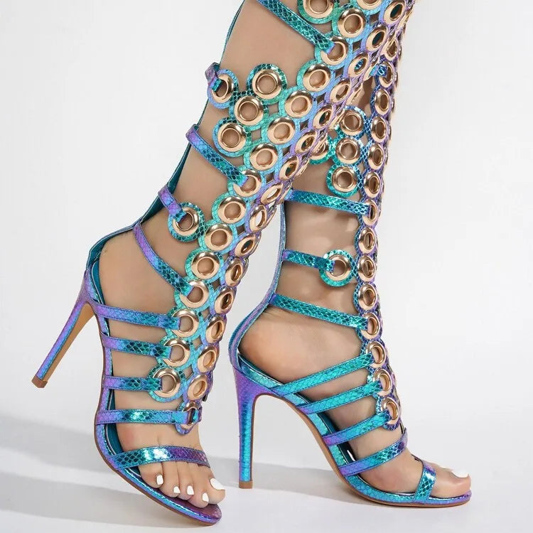 European and American Fashion Metal Big Fish Eye Hollowedout High-heeled Sandals with Exposed Toes, Women's Knee High Cool Boots