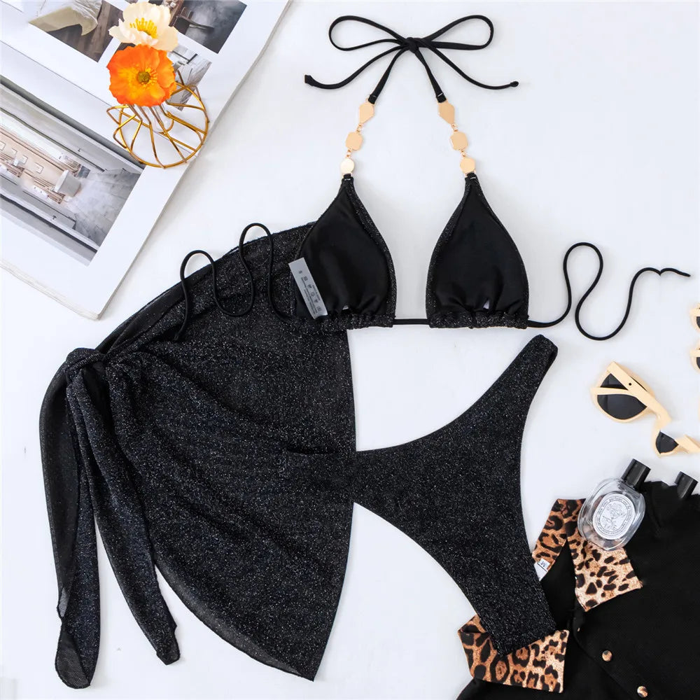 Sexy Black Shiny Swimwear with Sarong String Halter Triangle Bikinis Set 3 Piece Rhinestone Swimsuit Women 2025 Bather Beachwear