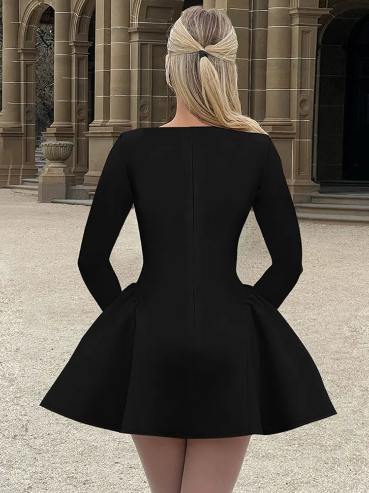 Mozision Elegant Long Sleeve Sexy Mini Dress For Women Solid O Neck High Waist A-line Bodycon Club Party Dress Clubwear New
