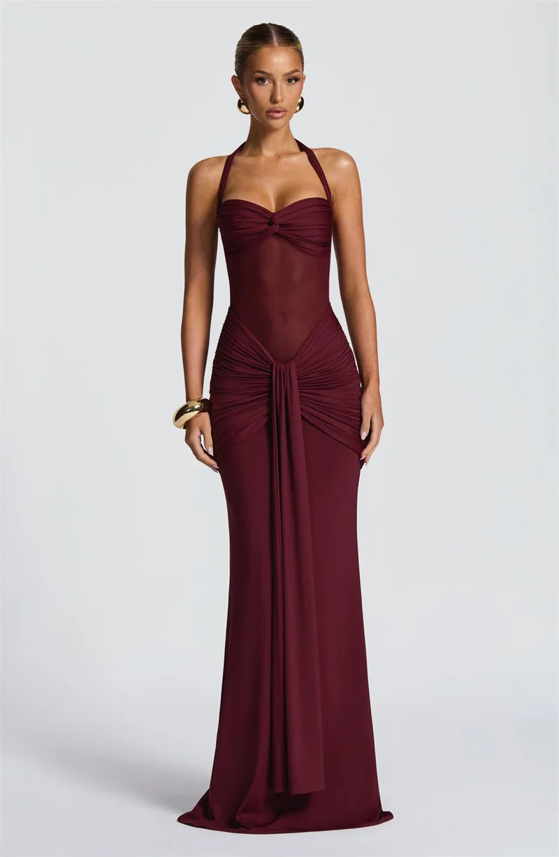 Mozision Halter Backless Sexy Maxi Dress Women Fashion Patchwork Off-shoulder Sleeveless Ruched Draped Bodycon Club Party Dress