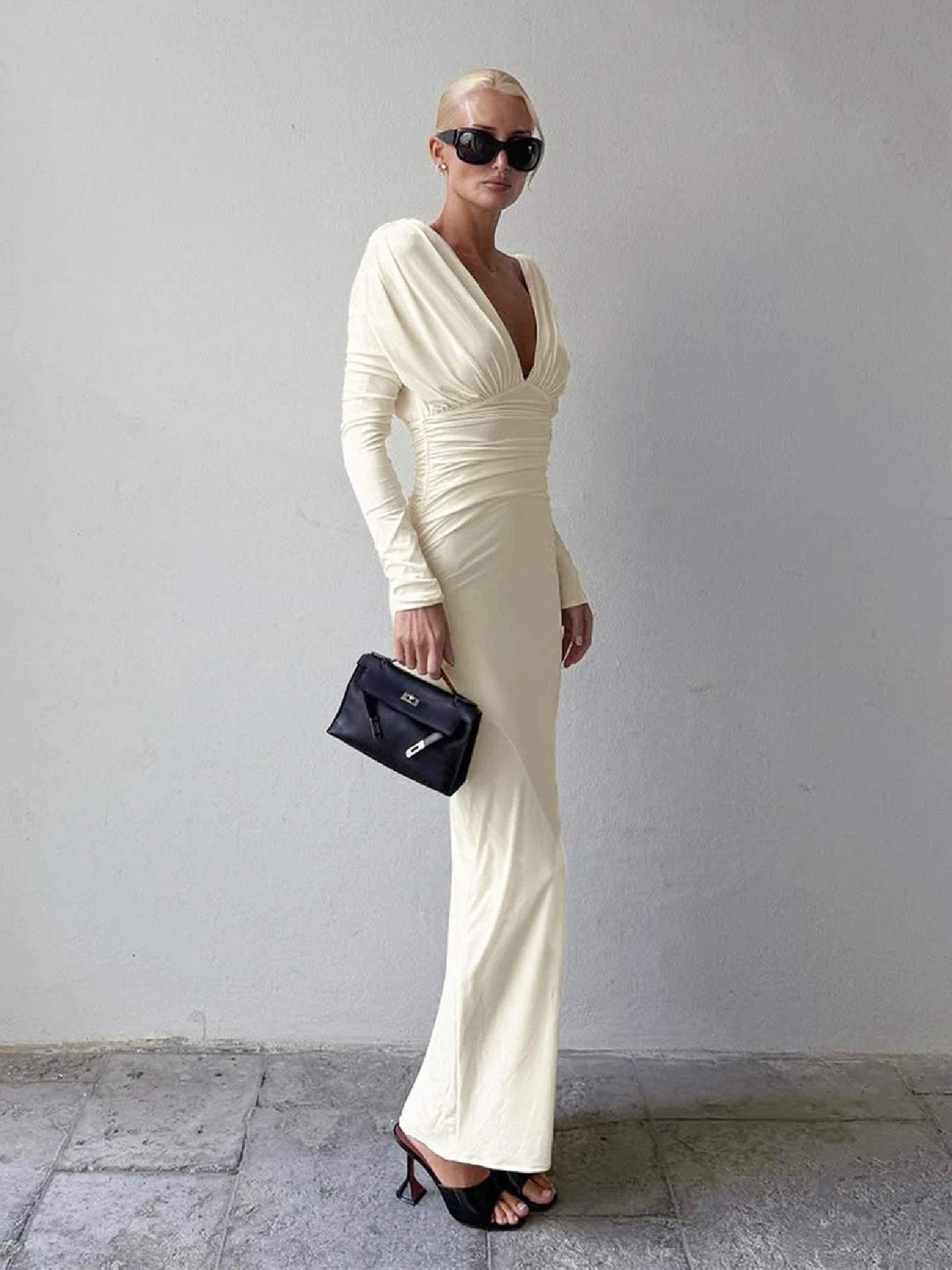 Dulzura 2025 Autumn Latest Fashion Sexy V-Neck Long Sleeve Ruched Slim Long Dress Women Casual Elegant Party Club Office Clothes