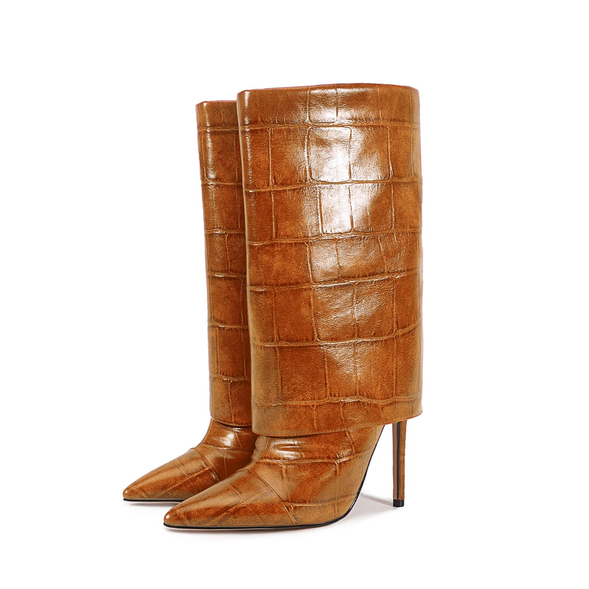 European and American Style High-heeled Wide Tube Sleeve Skirt Boots for Women, Niche Stone Patterned Fashion Banquet Shoes