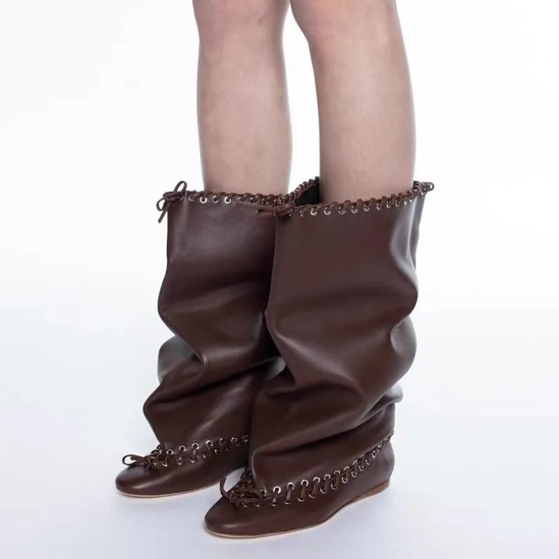 2025 Early Autumn New European and American Fashion Show Niche Fashion Slimming Wide Tube Height Increasing Pleated Pile Boots Wofashion.xyz